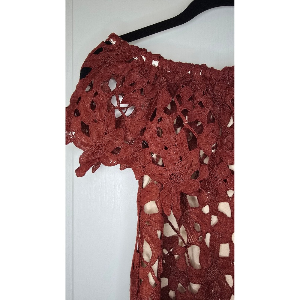 Rust Floral Guipure Lace Off The Shoulder Mini Dress Terracotta Boho Cocktail - Picture 2 of 4
